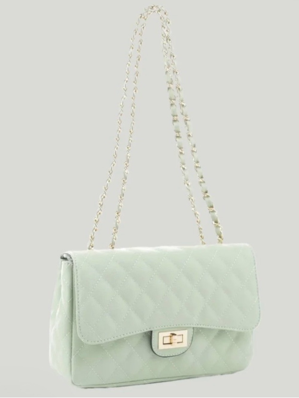 Quilted Crossbody Bag in Mint Green with Gold Chain